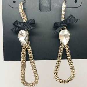 INC Crystal Black Bow Gold Open Drop Earrings NWT